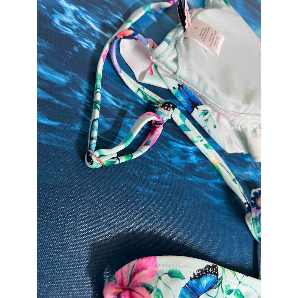☀️Nanette Lepore Floral Butterfly Ruffle Triangle Bikini Set Mint Green Size 8 - Picture 10 of 11